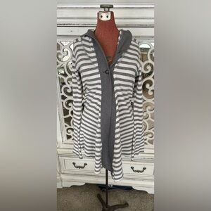 Women’s Hard Tail Gray/White Striped One Button Thermal Hooded Cardigan (S)